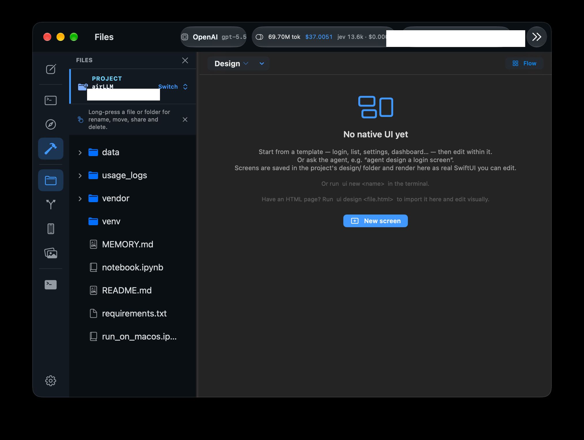Files panel with the PROJECT bar menu open